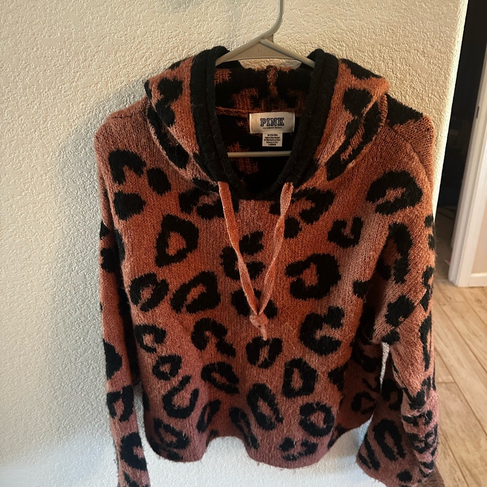 PINK Victoria's Secret Fuzzy Leopard-Style Hoodie in Rust & Black